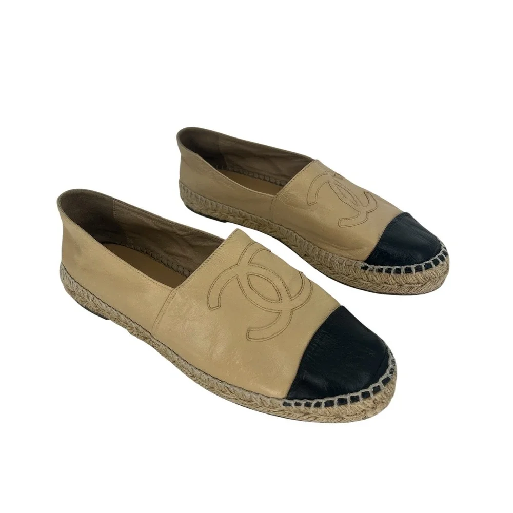 Chanel Lambskin CC Cap Toe Espadrilles Beige Black Size 41